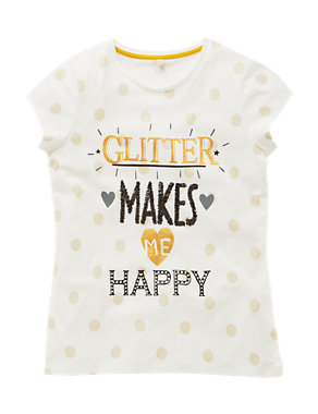Pure Cotton Glitter Makes Me Happy T-Shirt with StayNEW™ (5-14 Years) Image 2 of 4