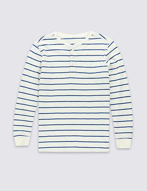 Pure Cotton Granddad Collar Striped T-Shirt (5-14 Years) Image 2 of 3