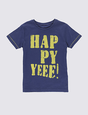 Pure Cotton Happy Yeee Slogan T-Shirt (1-7 Years) Image 2 of 3