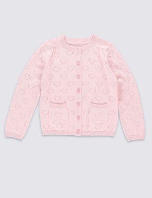 Pure Cotton Heart Pointelle Cardigan (1-7 Years) Image 2 of 3