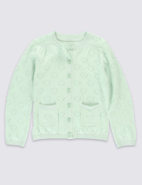 Pure Cotton Heart Pointelle Cardigan (1-7 Years) Image 2 of 3