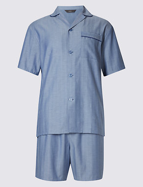 Pure Cotton Herringbone Short Pyjamas Image 2 of 5