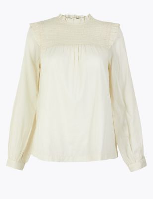 Pure Cotton High Neck Long Sleeve Blouse Image 2 of 5