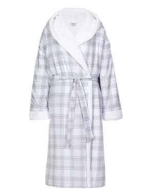 Pure Cotton Hooded Checked Dressing Gown Image 2 of 4