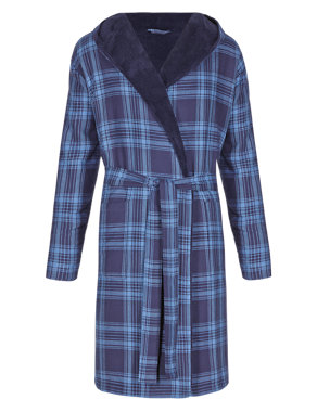Pure Cotton Hooded Checked Dressing Gown Image 2 of 3