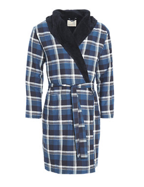 Pure Cotton Hooded Winceytte Checked Dressing Gown Image 2 of 5