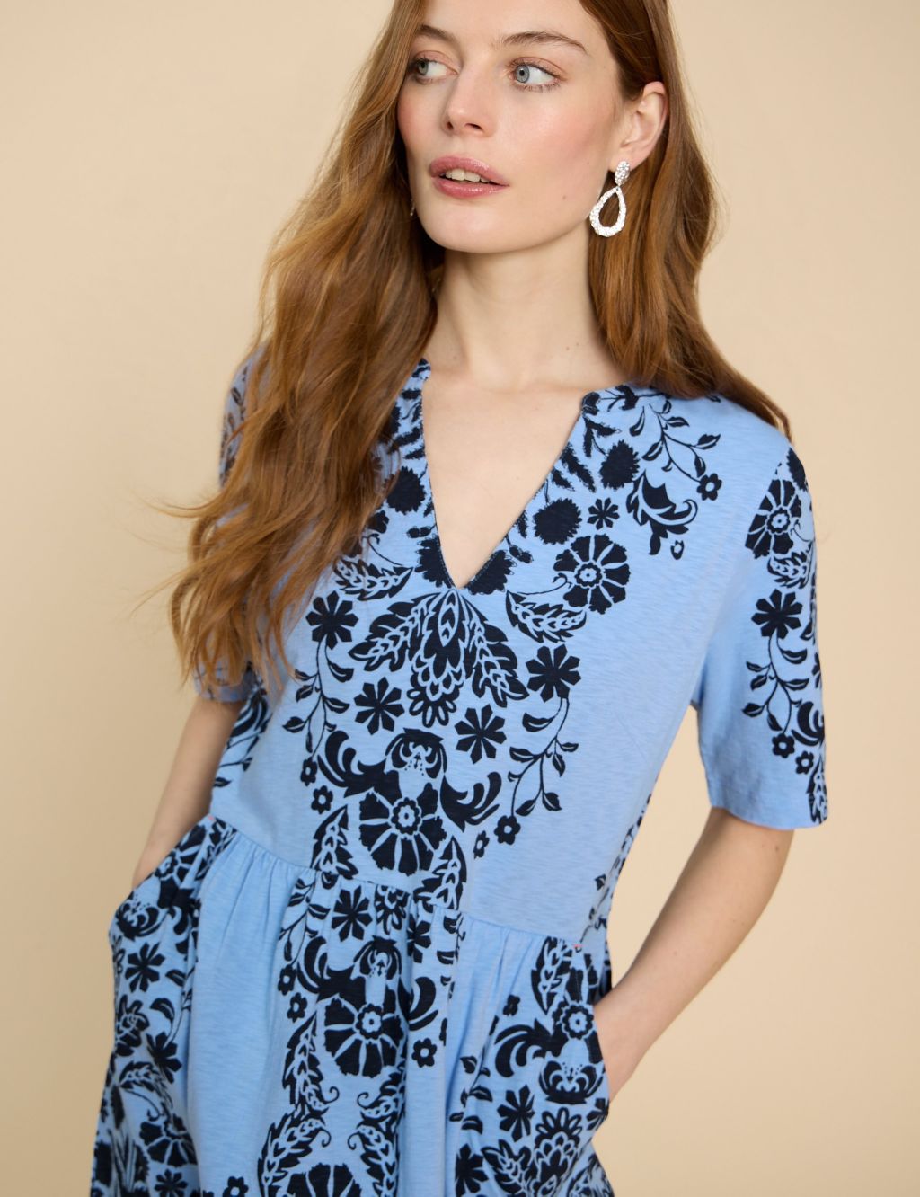 Pure Cotton Jersey Printed V-Neck Dress 2 of 6