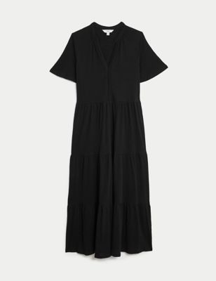 Pure Cotton Jersey V-Neck Midi Tiered Dress Image 2 of 4