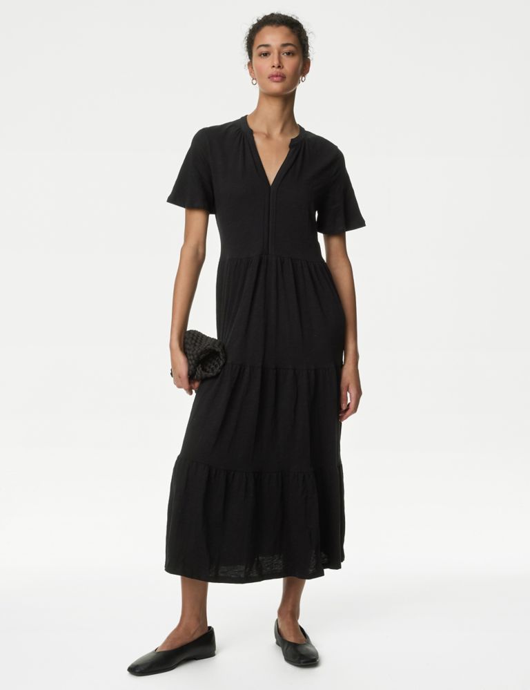 Pure Cotton Jersey V-Neck Midi Tiered Dress 1 of 4