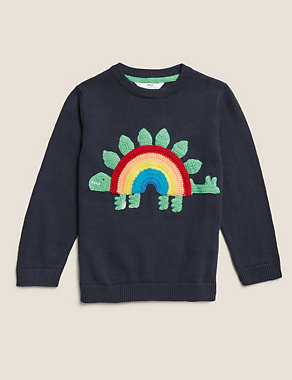 Pure Cotton Knitted Dinosaur Rainbow Jumper (2-7 Yrs) Image 2 of 4
