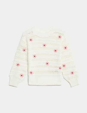 Pure Cotton Knitted Floral Jumper (2-8 Yrs) Image 2 of 4