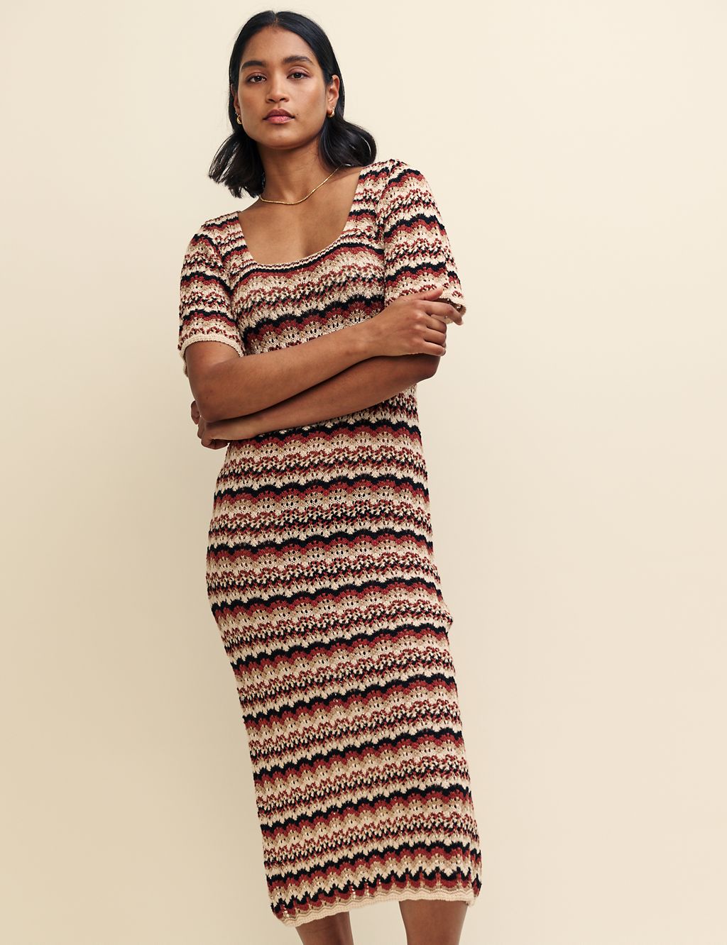 Pure Cotton Knitted Scoop Neck Midi Dress 1 of 8