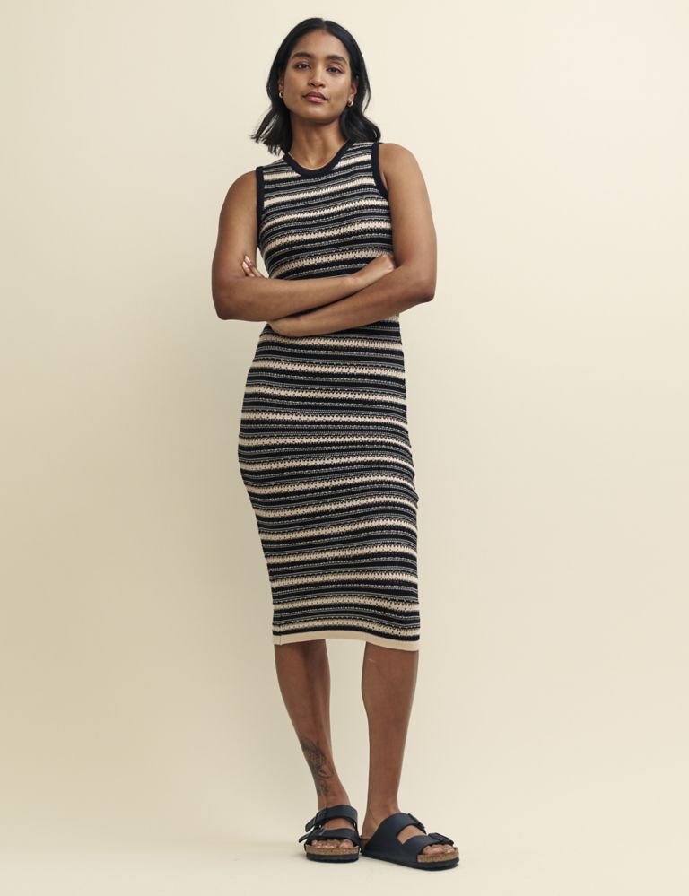 Pure Cotton Knitted Striped Midi Dress 1 of 4