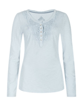 Pure Cotton Lace Bib Henley Top Image 2 of 3