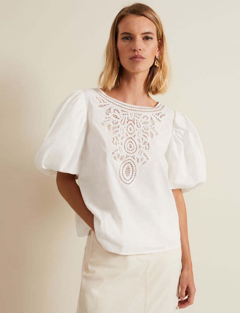 Pure Cotton Lace Detail Puff Sleeve Blouse 6 of 6