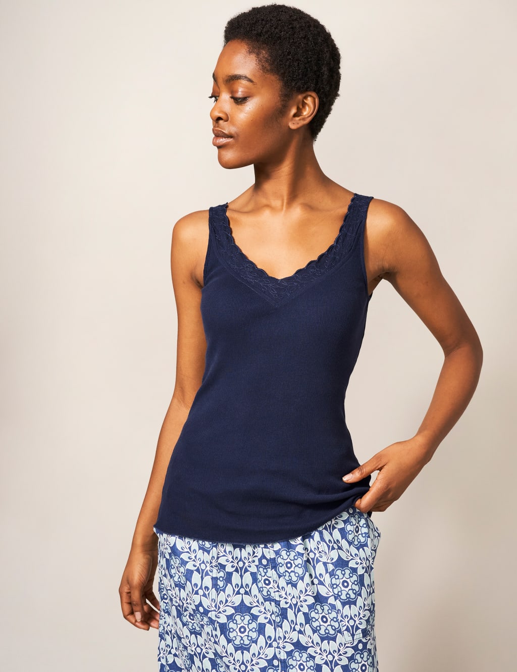 Navy Blue Cotton Mix Lace Cami Top