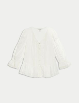 Pure Cotton Lace Frill Detail Blouse Image 2 of 5