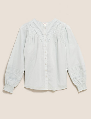 Pure Cotton Lace Insert Long Sleeve Blouse Image 2 of 6