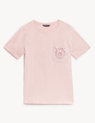Pure Cotton Lace Pocket T-Shirt Image 2 of 5