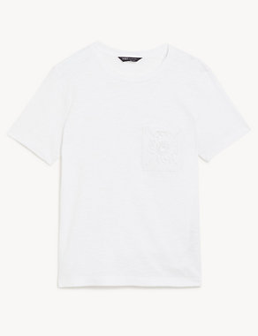 Pure Cotton Lace Pocket T-Shirt Image 2 of 4