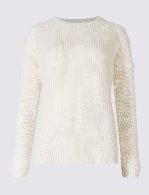 Pure Cotton Lace Round Neck Jumper Image 2 of 5
