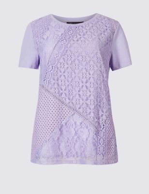 Pure Cotton Lace Short Sleeve T-Shirt Image 2 of 4