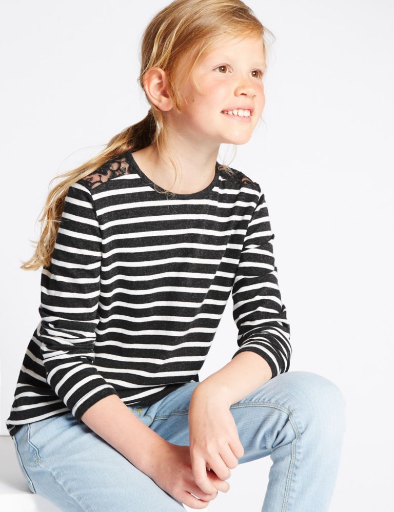 Pure Cotton Lace Striped T-Shirt (3-14 Years) 1 of 5