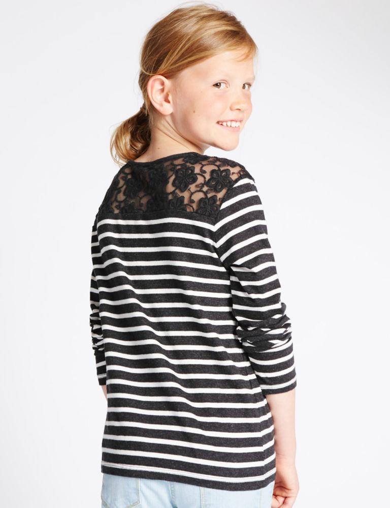 Pure Cotton Lace Striped T-Shirt (3-14 Years) 3 of 5