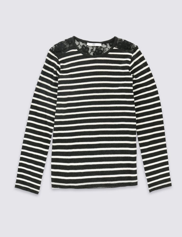 Pure Cotton Lace Striped T-Shirt (3-14 Years) 2 of 5