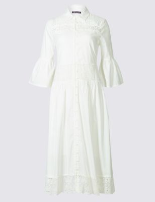 Pure Cotton Lace Trim Flared Shirt Dress Image 2 of 4