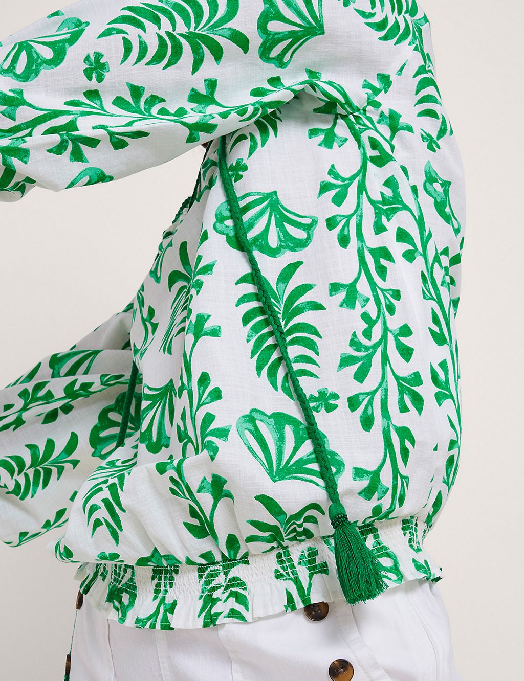 Pure Cotton Leaf Print Tie Neck Top 2 of 4