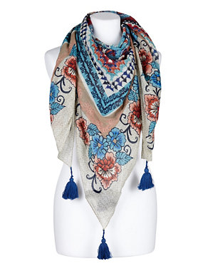 Pure Cotton Lightweight Floral Square Scarf Image 2 of 3