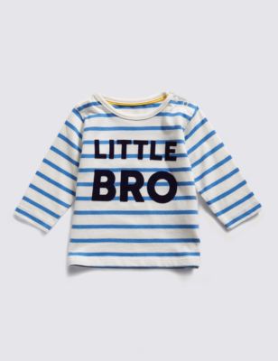 Pure Cotton Little Bro Slogan Striped T-Shirt | M&S