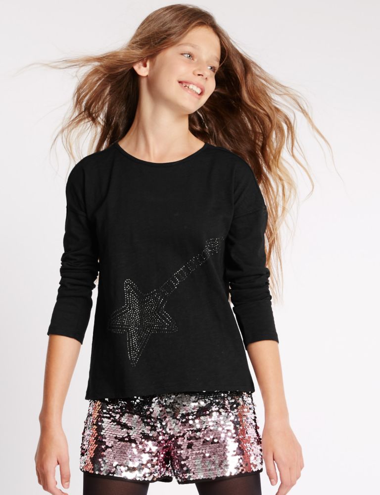 Pure Cotton Long Sleeve Sequin Top (5-14 Years) 1 of 5