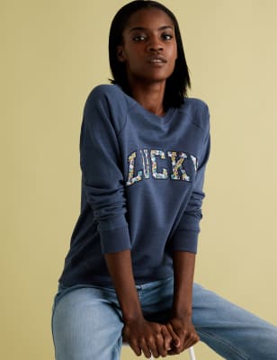 Pure Cotton Lucky Slogan Relaxed Sweatshirt M S Collection M S