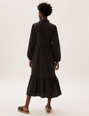 Black Tiered Midi Length Shirt Dress