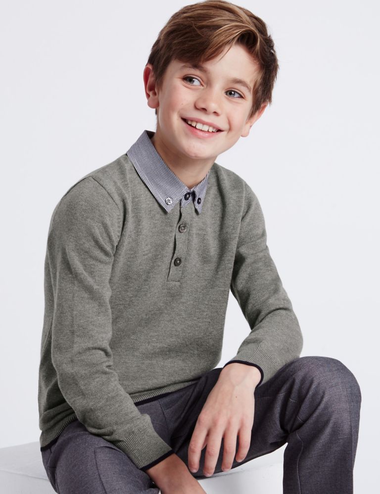 Pure Cotton Mock Shirt Jumper (3-14 Years) 1 of 5