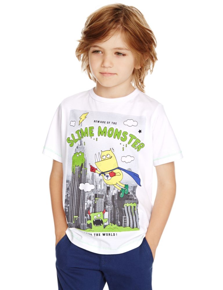 Pure Cotton Monster City Print T-Shirt (1-7 Years) 1 of 3