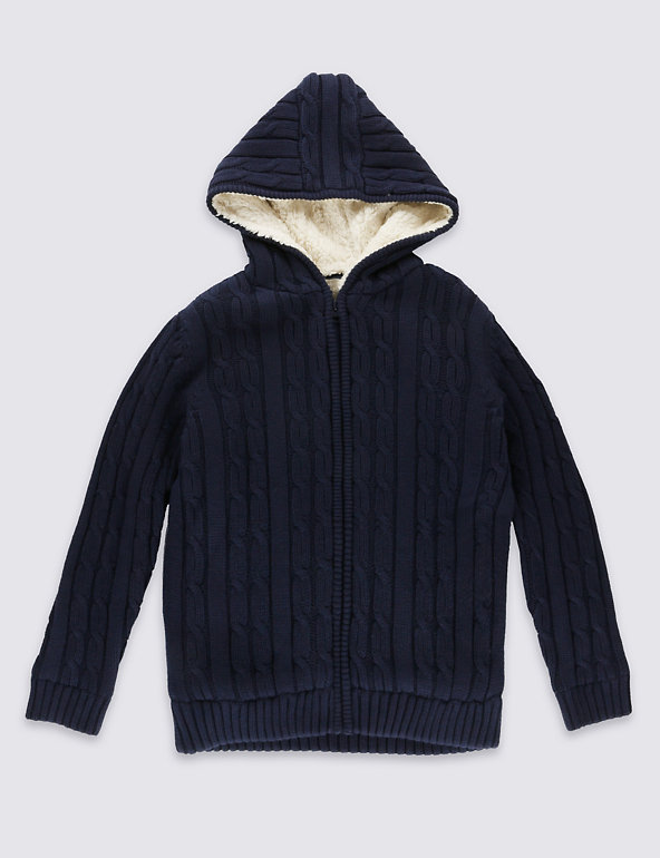 Pure Cotton Navy Borg Hooded Jumper (5-14 Years) Image 1 of 2