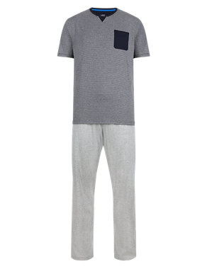 Pure Cotton Notch Neck Feeder Striped T-Shirt & Trousers Set Image 2 of 4