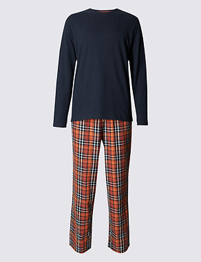 Pure Cotton Orange Checked Navy T-Shirt & Trouser Set Image 2 of 4