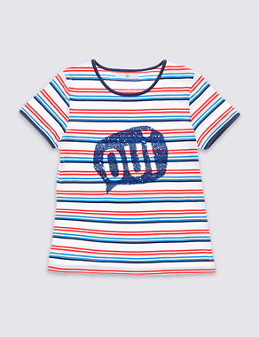 Pure Cotton Oui Slogan Striped T-Shirt (5-14 Years) Image 2 of 3