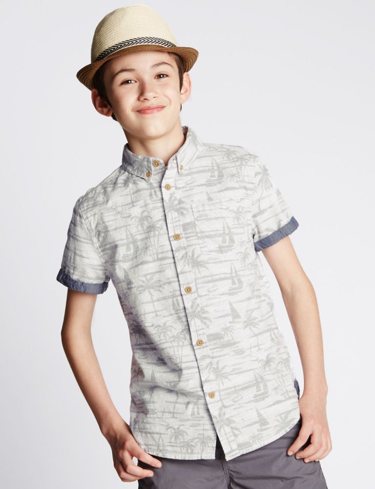 Pure Cotton Palm Print Shirt (5-14 Years) 1 of 3