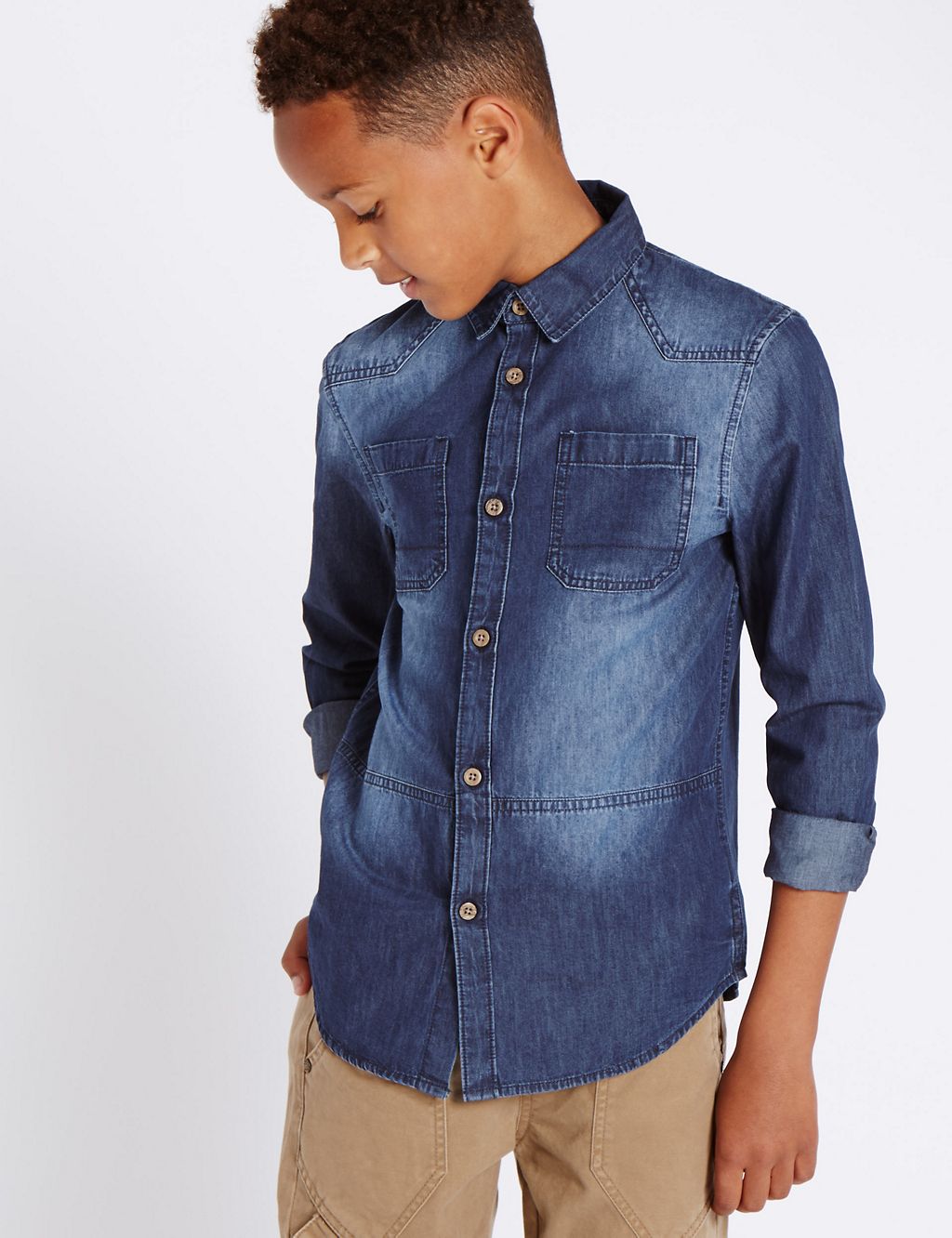 Pure Cotton Panelled Denim Shirt (5-14 Years) 3 of 5