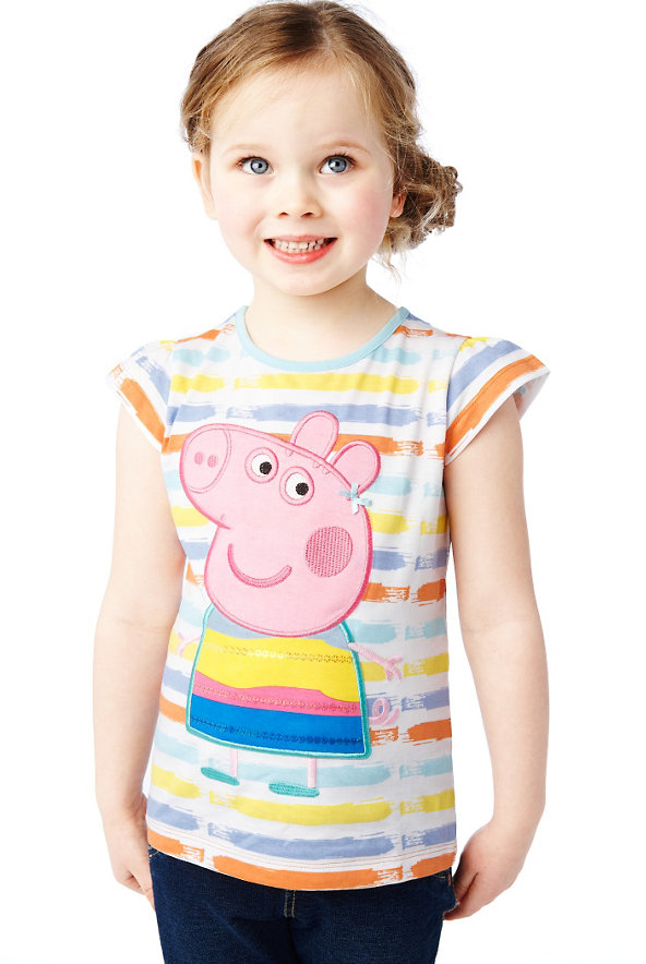 Pure Cotton Peppa Pig & Striped T-Shirt with Stay New™ Image 1 of 1