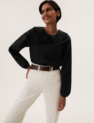 Vintage White Cardigan Marks And Spencer Blouses With Zipper Vest And Long  Sleeves For Women Peter Pan Collar Sweet Shirts Tops From Mu02, $38.19