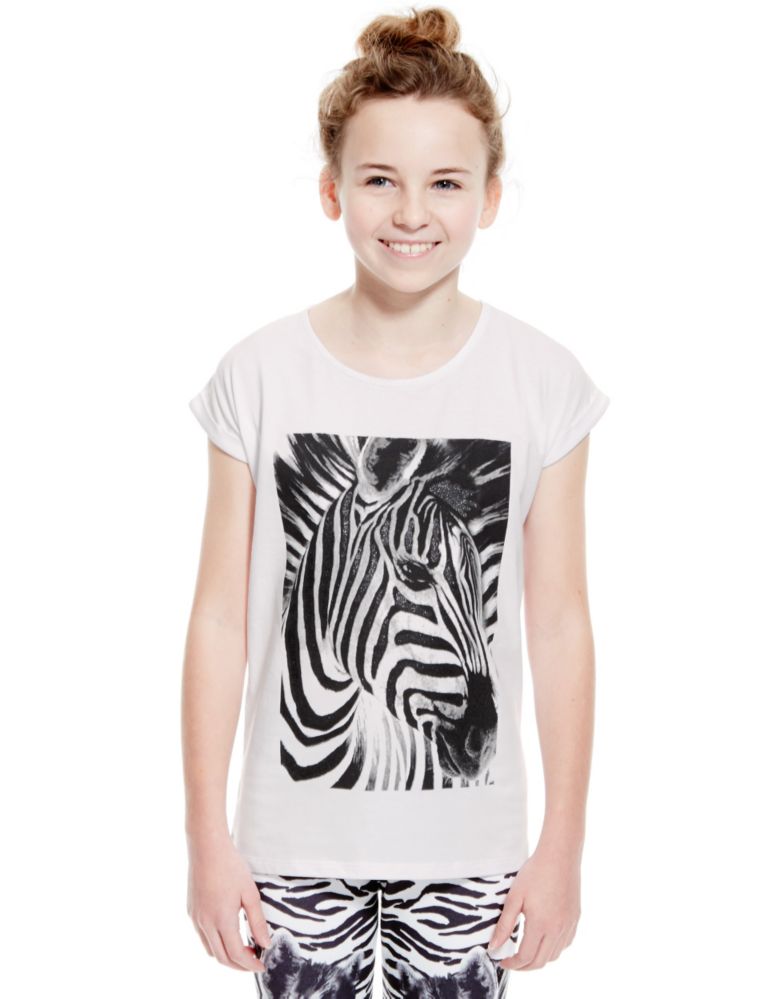Pure Cotton Placement Zebra Print T-Shirt (5-14 Years) 1 of 3