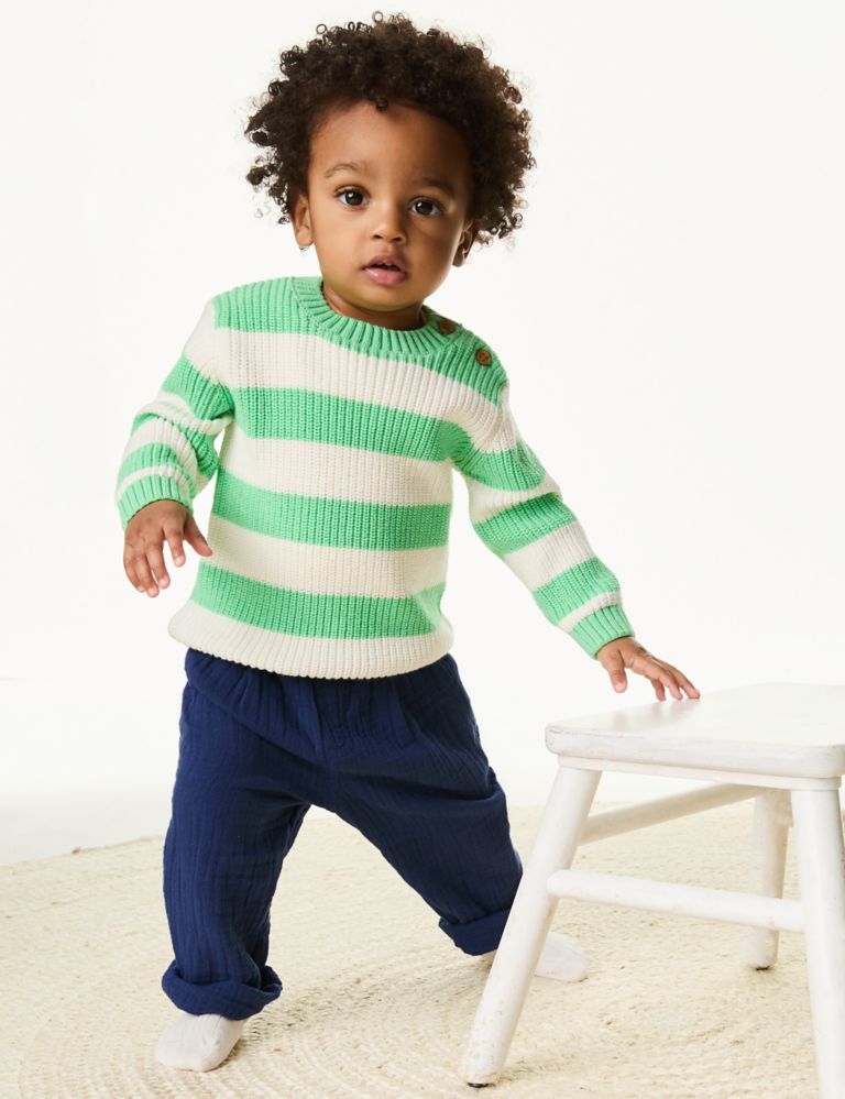 Pure Cotton Plain Trousers (0-3 Yrs) 1 of 3