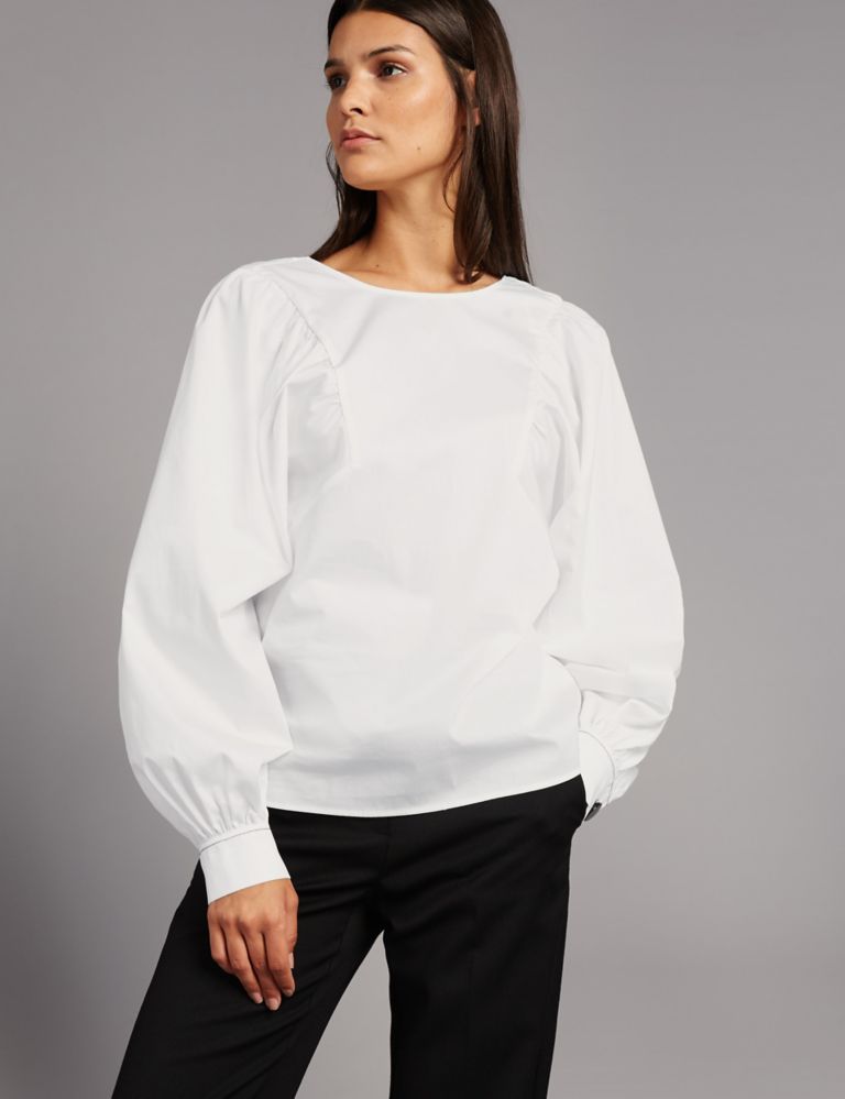 Pure Cotton Pleated Long Sleeve Blouse 1 of 4