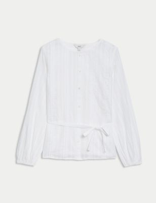 Pure Cotton Pleated Tie Front Blouse Image 2 of 5
